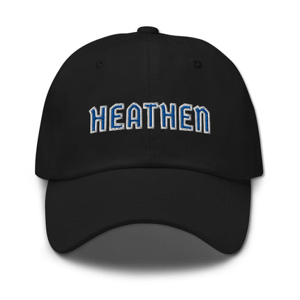 Blue and white embroidered "Heathen" text dad hat baseball cap.