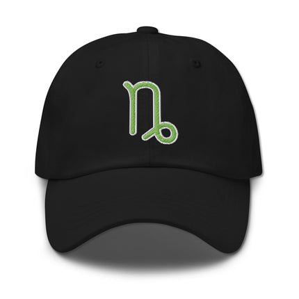 Green baseball cap embroidered with the Capricorn zodiac symbol.