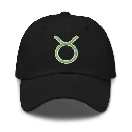 Green baseball cap embroidered with the Taurus zodiac symbol for astrology lovers.