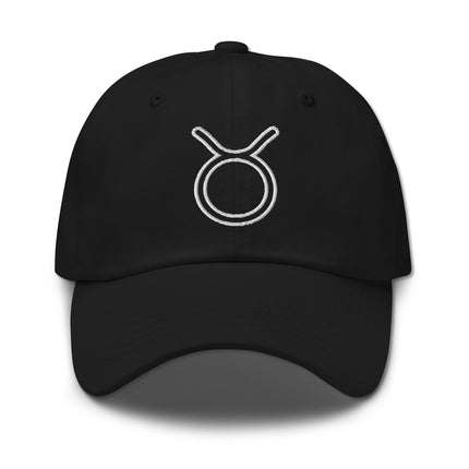 Black embroidered baseball cap featuring the Taurus zodiac constellation outline and star sign design.