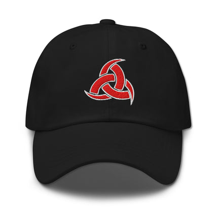 Red dad hat featuring embroidered Norse Odin's horns and Viking symbols design.