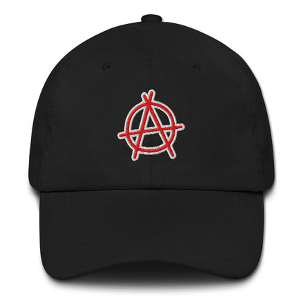 Red embroidered dad hat featuring the Anarchy 'A' symbol on a red baseball cap.