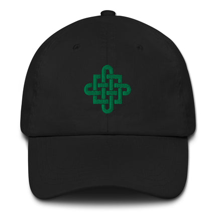 Green embroidered Celtic knotwork on a cotton baseball cap dad hat.