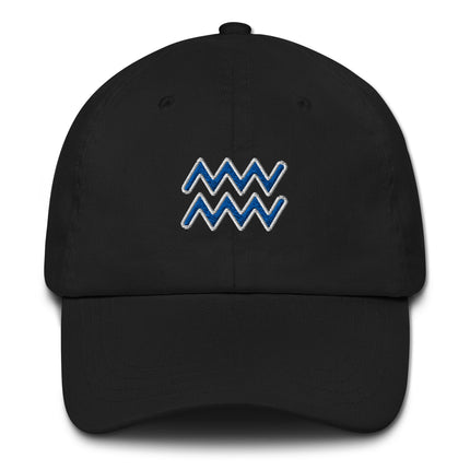 Blue embroidered dad cap featuring the Aquarius zodiac sign symbol.