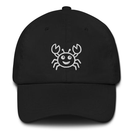 Smiling embroidered crab baseball cap with cute cartoon sea life embroidery.