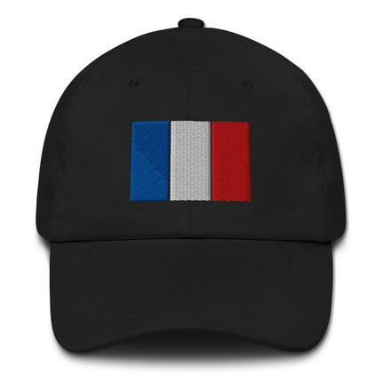 Embroidered French tricolor flag dad hat on a black baseball cap.