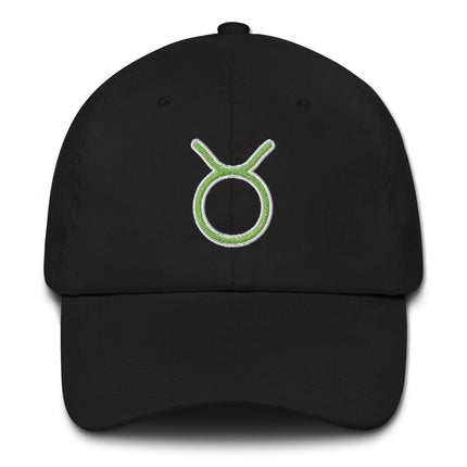 Green baseball cap featuring embroidered Taurus zodiac symbol for astrology lovers.