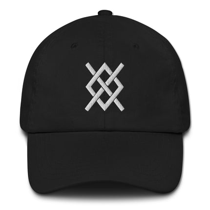 Embroidered Norse Gungnir baseball cap featuring Odin's spear and Viking runic symbols.