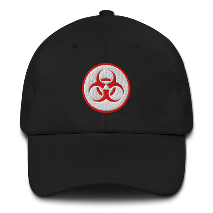 Red Biohazard Symbol Baseball Cap | Embroidered Danger Warning Hat
