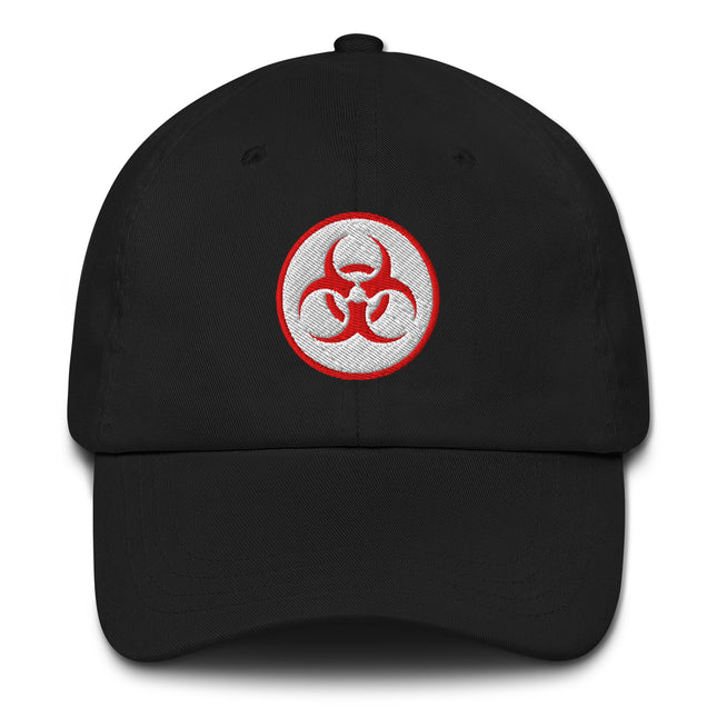 Red Biohazard Symbol Baseball Cap | Embroidered Danger Warning Hat