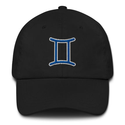 Blue baseball cap featuring embroidered Gemini zodiac symbol for astrology fans.