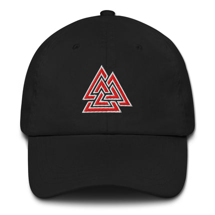Red baseball cap featuring an embroidered Norse Valknut symbol.