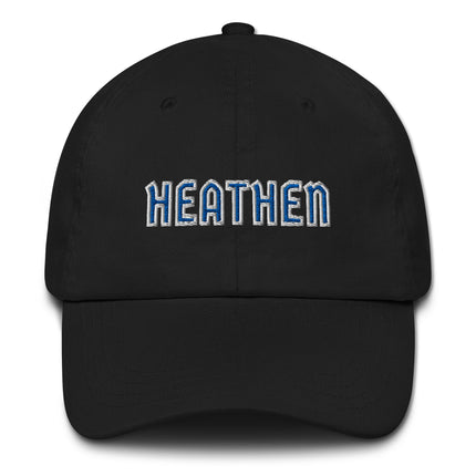 Blue and white heathen embroidered text on an unstructured dad hat baseball cap.