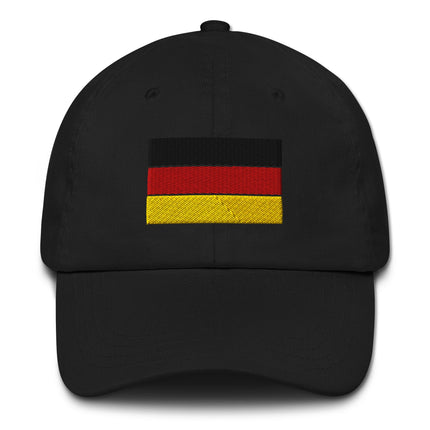 German flag embroidered baseball cap in black, red, and gold colors.