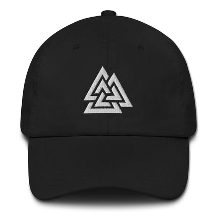 Embroidered Valknut knot baseball cap in Norse Viking warrior style.