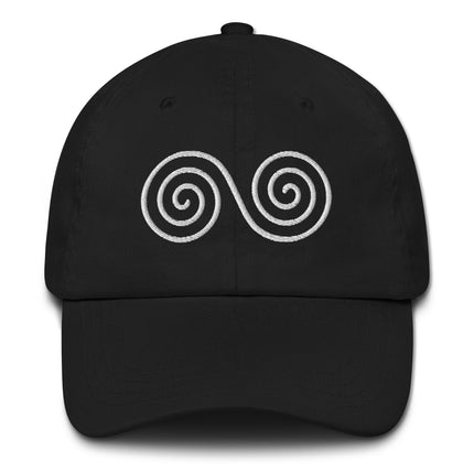 Double spiral Celtic knot embroidered baseball cap featuring infinity symbol design.