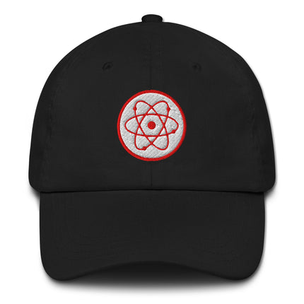 Black embroidered cap featuring a radioactive atom symbol design for physics students.