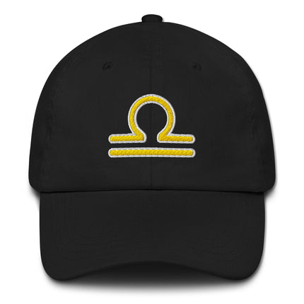 Yellow embroidered Libra zodiac symbol baseball cap for astrology lovers.