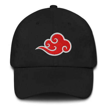 Red dad hat embroidered with a Chinese auspicious cloud pattern.