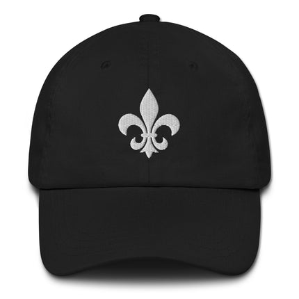 White baseball cap embroidered with a classic Fleur de Lis French lily symbol.