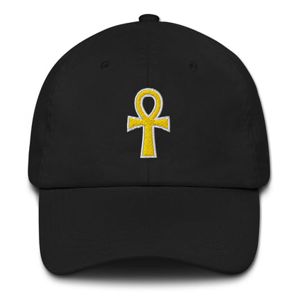 Black dad cap featuring gold embroidered Ankh, the ancient Egyptian symbol of life.