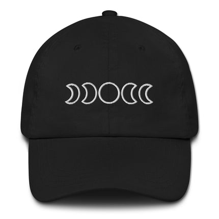 Embroidered dad hat featuring a celestial lunar cycle graphic showing all moon phases.