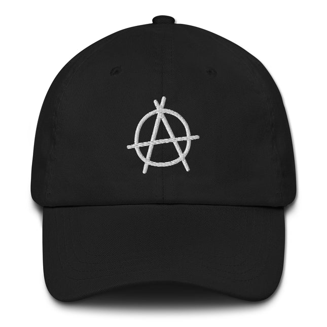 Embroidered Anarchy A circle symbol on a casual dad hat baseball cap.