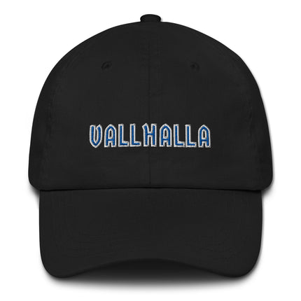 Valhalla blue baseball cap featuring embroidered Norse mythology and Viking warrior designs.