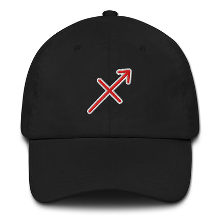Red embroidered Sagittarius arrow zodiac cap with constellation design.