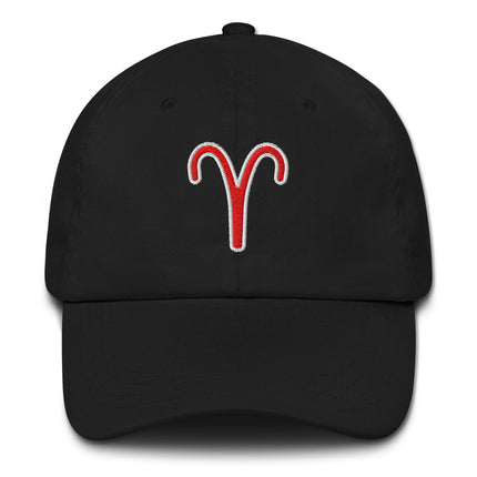 Red embroidered Aries zodiac sign on a black baseball cap.