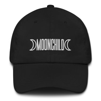Embroidered dad hat featuring a triple moon and spiral wiccan goddess symbol design.