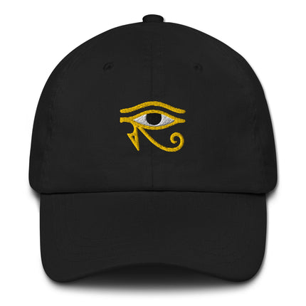 Embroidered Eye of Horus dad hat featuring ancient Egyptian mythology designs on a baseball cap.