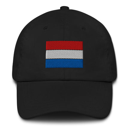 Embroidered Dutch flag dad hat on an unstructured baseball cap celebrating Netherlands pride.