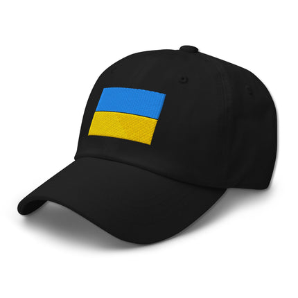 Black baseball cap with embroidered Ukrainian flag design for support.