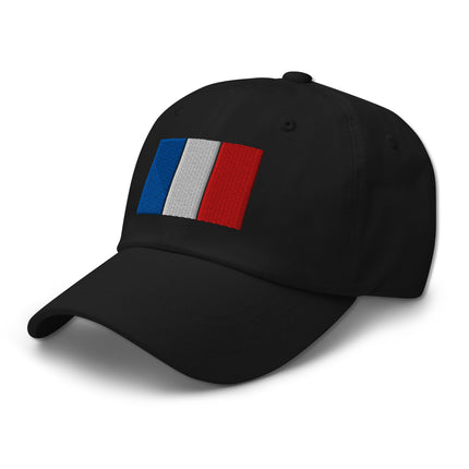 Black baseball cap with embroidered French tricolor flag design.