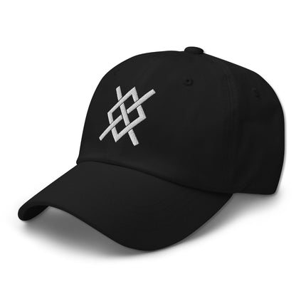 Black baseball cap embroidered with Odin's Gungnir spear and Viking symbols.