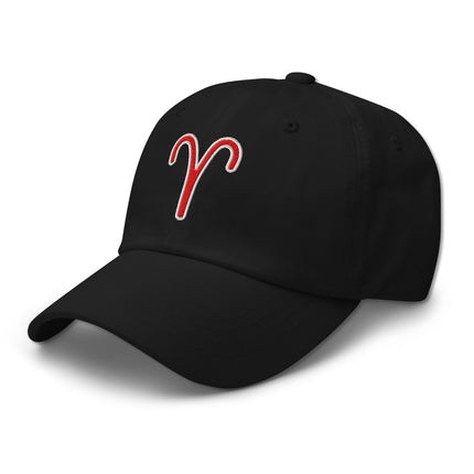 Red embroidered Aries zodiac sign symbol on a black baseball cap.