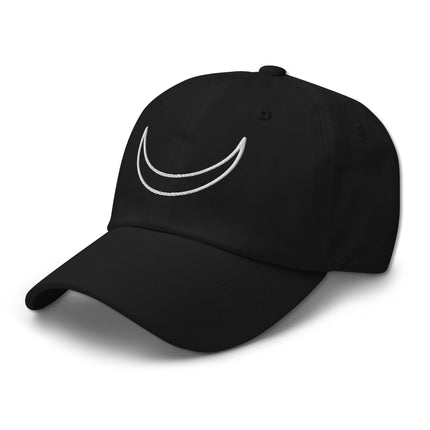 Embroidered crescent moon baseball cap featuring a detailed lunar celestial symbol design.