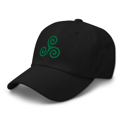 Green baseball cap embroidered with a Celtic Triskelion symbol.