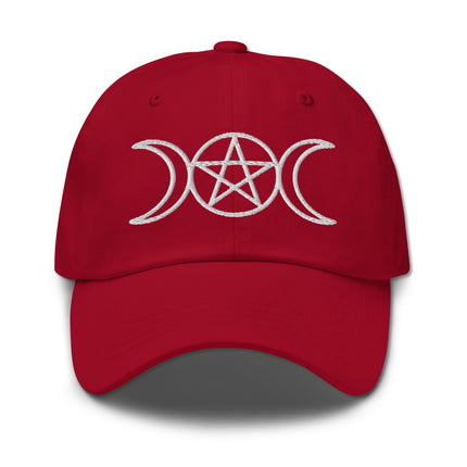 Embroidered baseball cap featuring a triple moon and pentagram design for witchcraft symbolism.