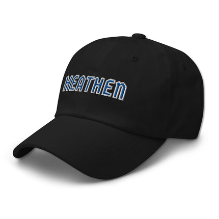 Blue and white unstructured dad hat featuring "Heathen" embroidered text graphic.