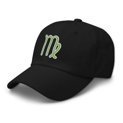 Green dad hat with embroidered Virgo zodiac sign baseball cap.
