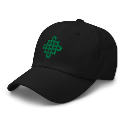 Green embroidered Celtic knotwork on a breathable cotton baseball cap dad hat.