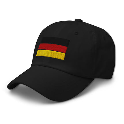 Embroidered German flag baseball cap in black, red, and gold colors for national pride.