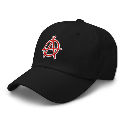 Red embroidery baseball cap featuring the Anarchy symbol 'A' in a circle.