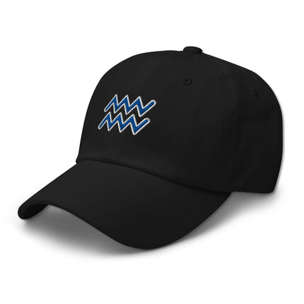 Blue embroidered dad cap featuring the Aquarius zodiac sign symbol.