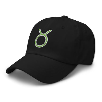 Green baseball cap with embroidered Taurus zodiac symbol embroidery.