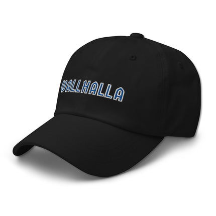 Valhalla blue embroidered baseball cap featuring Norse mythology and Viking designs.