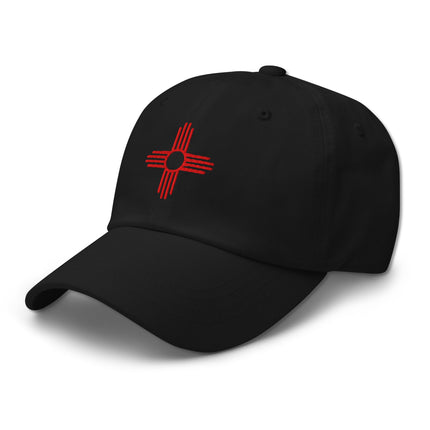 New Mexico Zia Sun embroidered dad hat, featuring classic southwest style embroidery on a baseball cap.