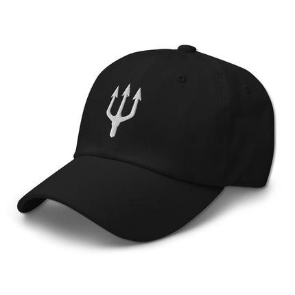 Embroidered trident symbol dad hat featuring Poseidon sea god design on baseball cap.